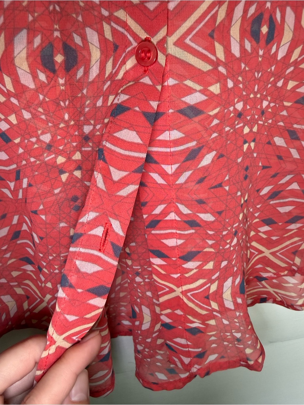 Free People Easy Rider Sheer Chiffon Coral Geometric Print Button-Down Shirt M - Picture 8 of 13